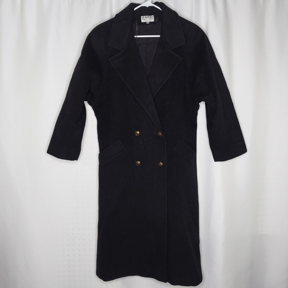 Capri Petites Wool Trench Gold Button Double-Breasted Pockets Collar Black 12P